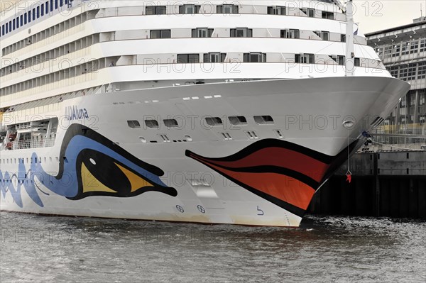 AIDALuna, The bow of a cruise ship with eye-catching painting docked in the harbour, Hamburg,
