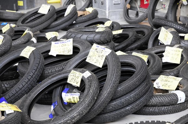 RETRO CLASSICS 2010, Stuttgart Messe, pile of black motorbike tyres of different sizes with price