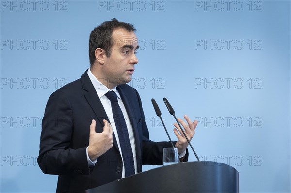 Sebastien Lecornu, French Minister of Defence, recorded during a press statement in Berlin, 22.03