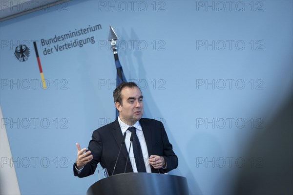 Sebastien Lecornu, French Minister of Defence, recorded during a press statement in Berlin, 22.03