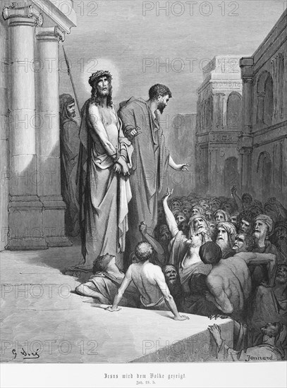 Jesus is shown to the people, Gospel of John, chapter 19, crowd, Pilate, crown of thorns, cloak,