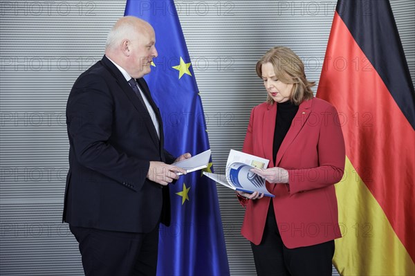 (R-L) Bundestag President Baerbel Bas, SPD, MdB, receives the 32nd activity report of the Federal