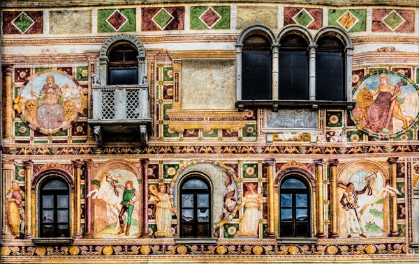 Palazzo Dipinto, facade with painted frescoes, historic city centre, Spilimbergo, Friuli, Italy,