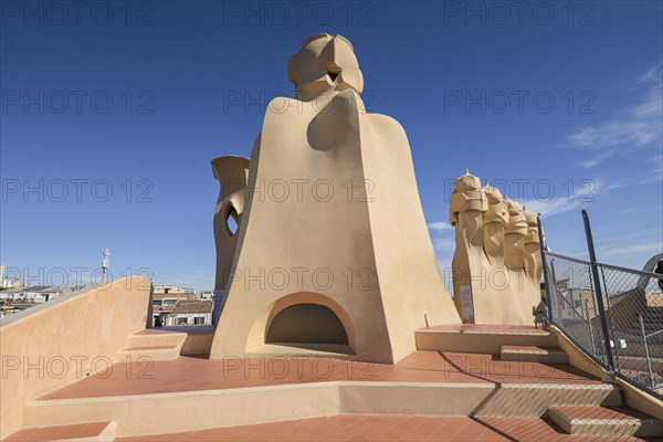 Roof with chimneys, La Pedrera, Casa Mila by Antoni Gaudi, Barcelona, Catalonia, Spain, Europe
