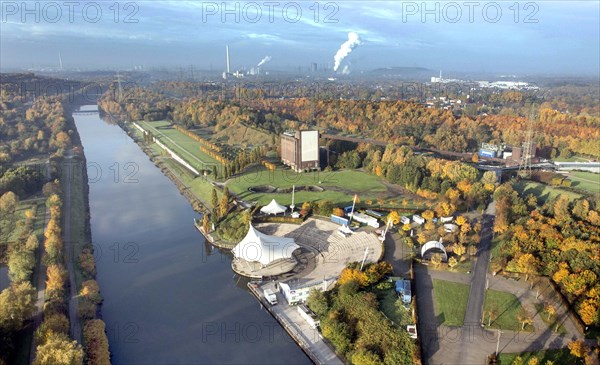 Aerial view of the Norsternpark in Gelsenkirchen. The Norsternpark with open-air theatre, the