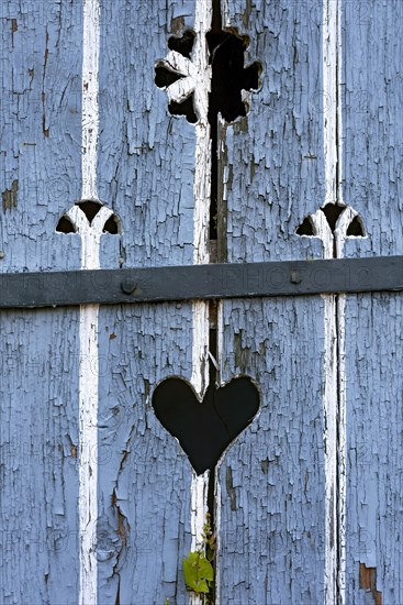 Wooden door with heart, stable door, light-coloured varnish, weathered, leaves of knotweed
