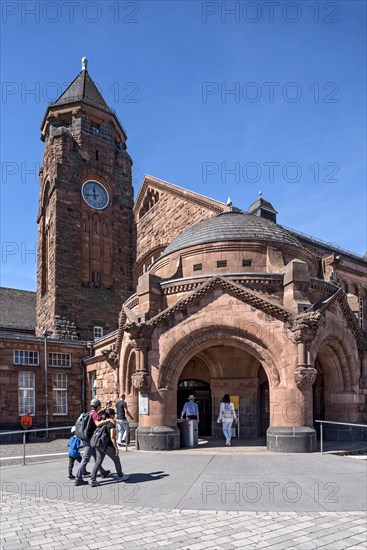 Historic Wilhelmine railway station, clock tower, pavilion with entrance to the station building,