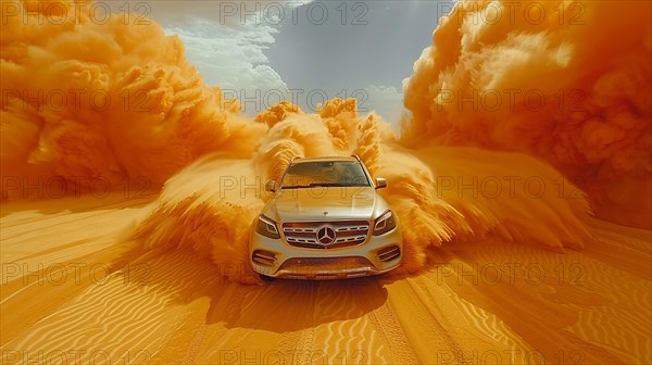 A luxury SUV in the midst of a massive yellow sand storm explosion in the desert, action sports