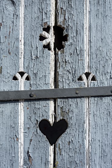 Wooden door with heart, stable door, light-coloured lacquer, weathered, old farmhouse, idyllic,