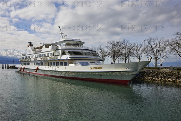 Passenger ship Lausanne moored in Lake Geneva on the quay wall of Ouchy harbour, Lausanne, Lausanne