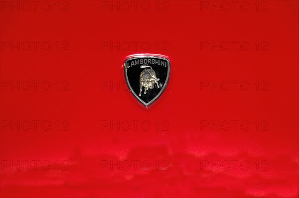 RETRO CLASSICS 2010, Stuttgart Trade Fair Centre, close-up of the red Lamborghini logo on vehicle