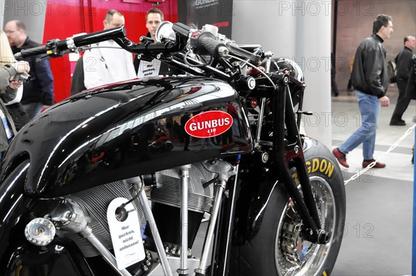 RETRO CLASSICS 2010, Stuttgart Trade Fair, Detailed view of a GUNBUS motorbike with chrome parts at