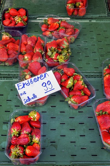 A fruit stand in mid-March with overripe strawberries, bowl for EUR 0, 99, Allgaeu, Bavaria,