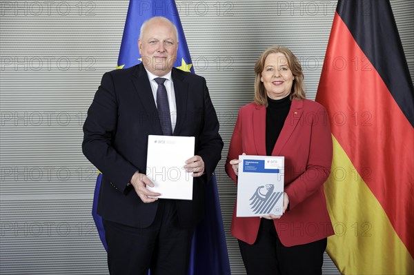 (R-L) Bundestag President Baerbel Bas, SPD, MdB, receives the 32nd activity report of the Federal