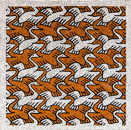 Schwaene, homage to M. C. Escher, mosaic school that produces mosaic masters, Spilimbergo, city of