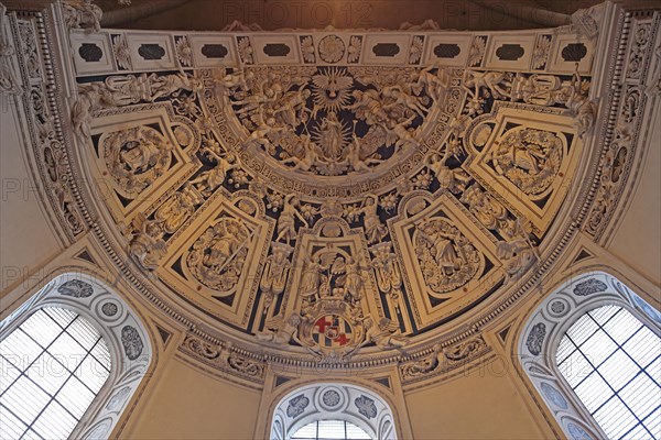 Interior view with ceiling fresco of UNESCO St Peter's Cathedral, dome, arts and crafts, figures,