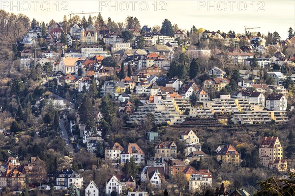 City view, view of the Haigst hillside. On the left the Alte Weintsteige with cog railway,