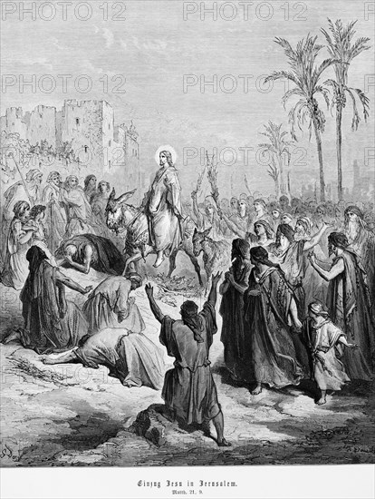 Entry of Jesus into Jerusalem, Gospel of Matthew, chapter 21, donkey, riding, crowd, city, palms,