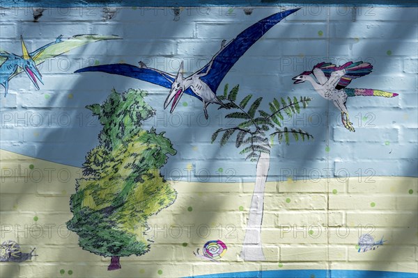 Animals of prehistoric times on land and in the air, snails, pterosaurs, colourful illustration,