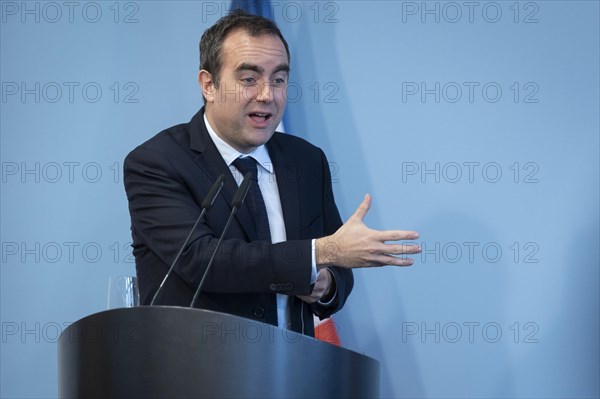 Sebastien Lecornu, French Minister of Defence, recorded during a press statement in Berlin, 22.03