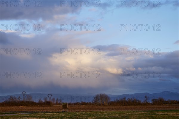 Mighty light to grey-blue clouds illuminated by the evening sun over the Black Forest as seen from
