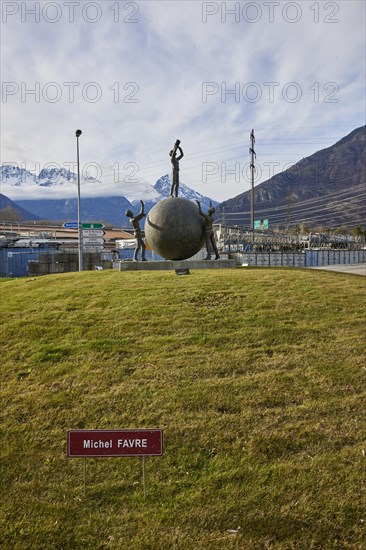 Public art object Le Visionnaire, The Visionary by Michel Favre at the roundabout in Martigny,