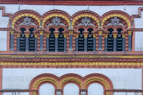 Tower with ornaments of St Matthias Church, detail, columns, windows, figures, Benedictine Abbey,