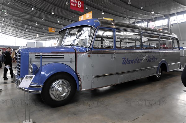 RETRO CLASSICS 2010, Stuttgart Messe, A blue and white vintage bus of the brand 'Wander Falke' at a