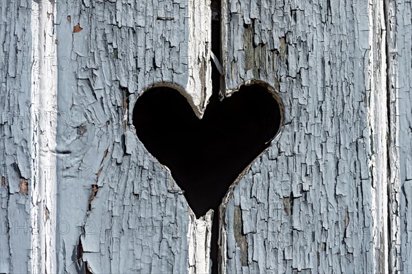 Wooden door with heart, stable door, light-coloured lacquer, weathered, old farmhouse, idyllic,