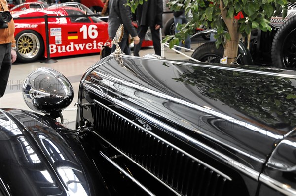RETRO CLASSICS 2010, Stuttgart Messe, close-up of the emblem-covered radiator grille of a classic