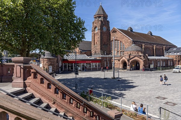 Historic Wilhelmine railway station, staircase to the station square, clock tower, reception