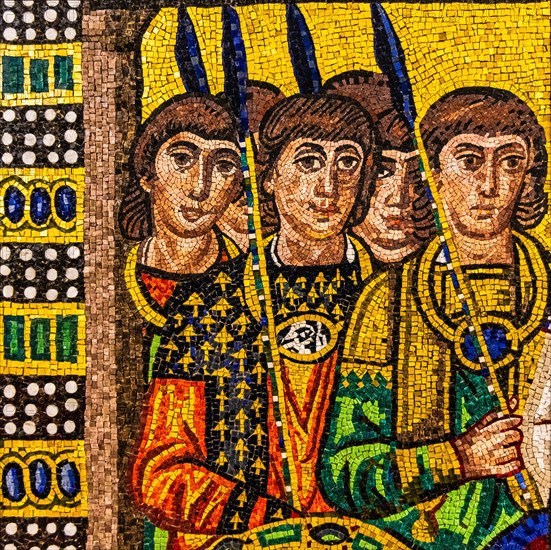 Parade of Justitian, mosaic copy, Basilica of San Vitale, Ravenna, 6th century, mosaic school