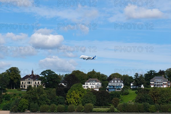 View over the Elbe beach in Hamburg harbour with Beluga aircraft, Hanseatic City of Hamburg,