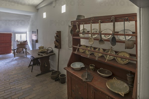Kitchen with sideboard and laundry trough in a historic farmhouse from the 19th century, Open-Air