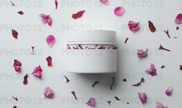 Blank creme jar mockup with scattered flower petals on a white background, beauty in nature AI