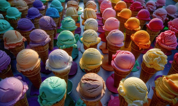 Colorful assortment of ice cream cones on the shop showcase. Colorful ice cream background AI