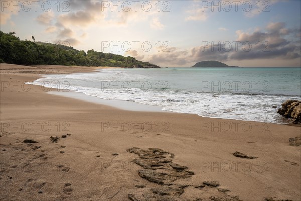 Lonely, wide sandy beach with turquoise-coloured sea. Tropical plants in a bay at sunset in the