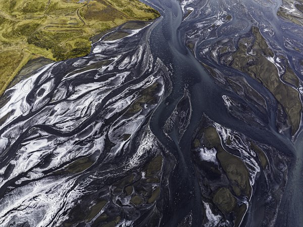 Overgrown river landscape, Eldhraun, near Kirkjubaejarklaustur, drone image, Sudurland, Iceland,