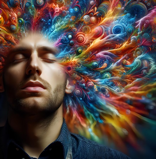 A man has delusions in his head, symbolic image intoxication, narcotic, drug, drug use, fantasies,