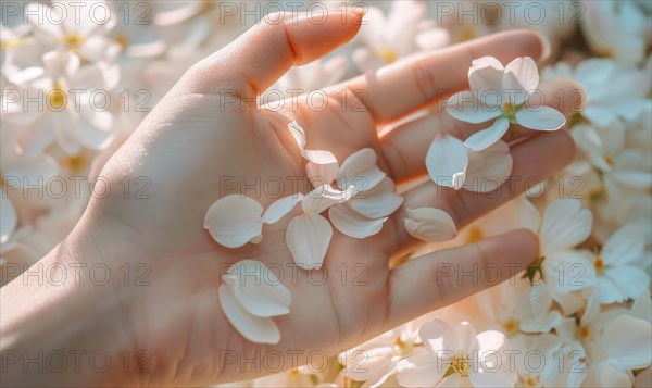 Close-up of a woman's hand with a neutral manicure, adorned with delicate flower petals AI