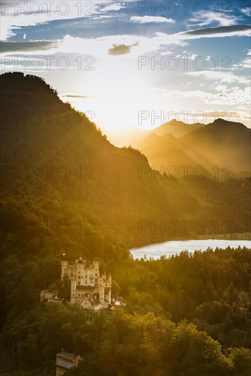 Hohenschwangau Castle, foehn storm, sunset, near Fuessen, Ostallgaeu, Allgaeu, Bavaria, Germany,