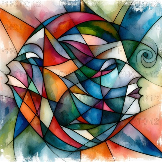 Colorful abstract cubist painting with geometric human and animal shapes and vibrant tones, square