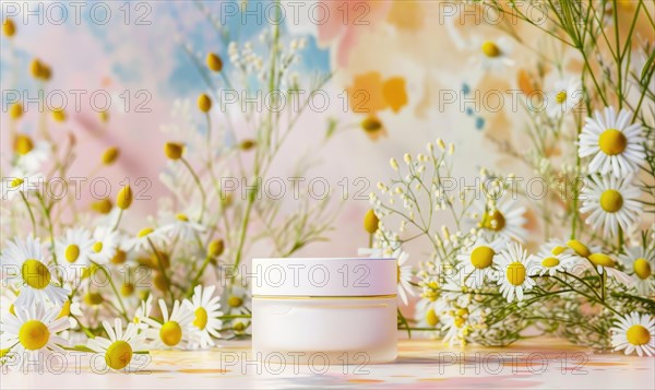 Blank cosmetic jar mockup placed on an elegant watercolor chamomile background, skin care and