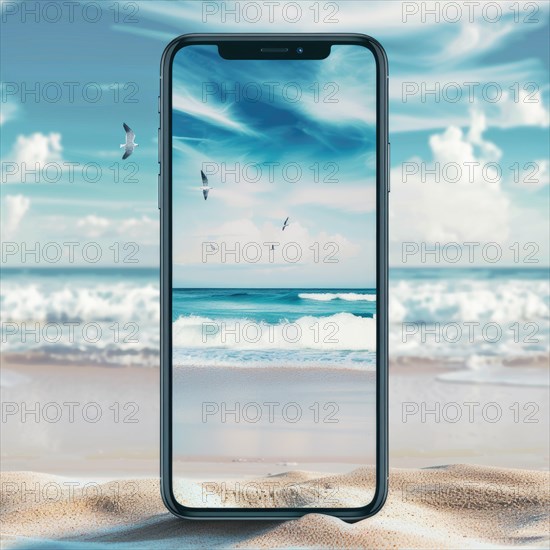 Smartphone mockup with a blank screen on a tranquil beach background, travel and tourism AI