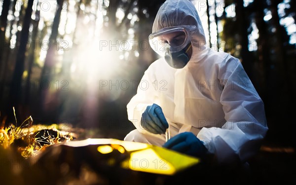 Securing evidence at a crime scene in the forest, KTU, forensic investigation by the criminal