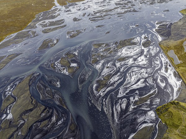 Overgrown river landscape, Eldhraun, near Kirkjubaejarklaustur, drone image, Sudurland, Iceland,