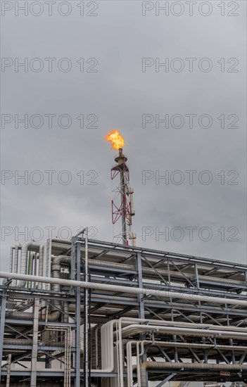 Fire atop a flare stack within a sprawling industrial facility under an overcast sky, in Ulsan,