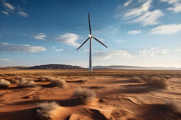 WiWind turbine standing idle in a still lifeless desert representing the challenges of transition,