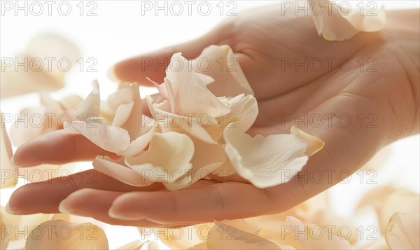 Close-up of a woman's hand with a neutral manicure, adorned with delicate flower petals AI