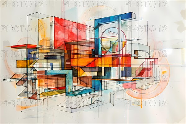 A modern abstract painting with geometric elements and vibrant colors interlaced with dynamic